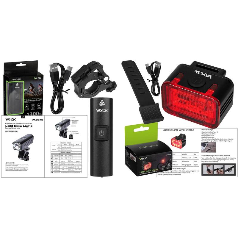 Set de lumini pentru biciclete VAYOX VA0046 + VA0152 lumini LED față și spate