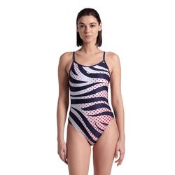 Arena W Multi Stripes Swimsuit Lace Back Navy-White-Red