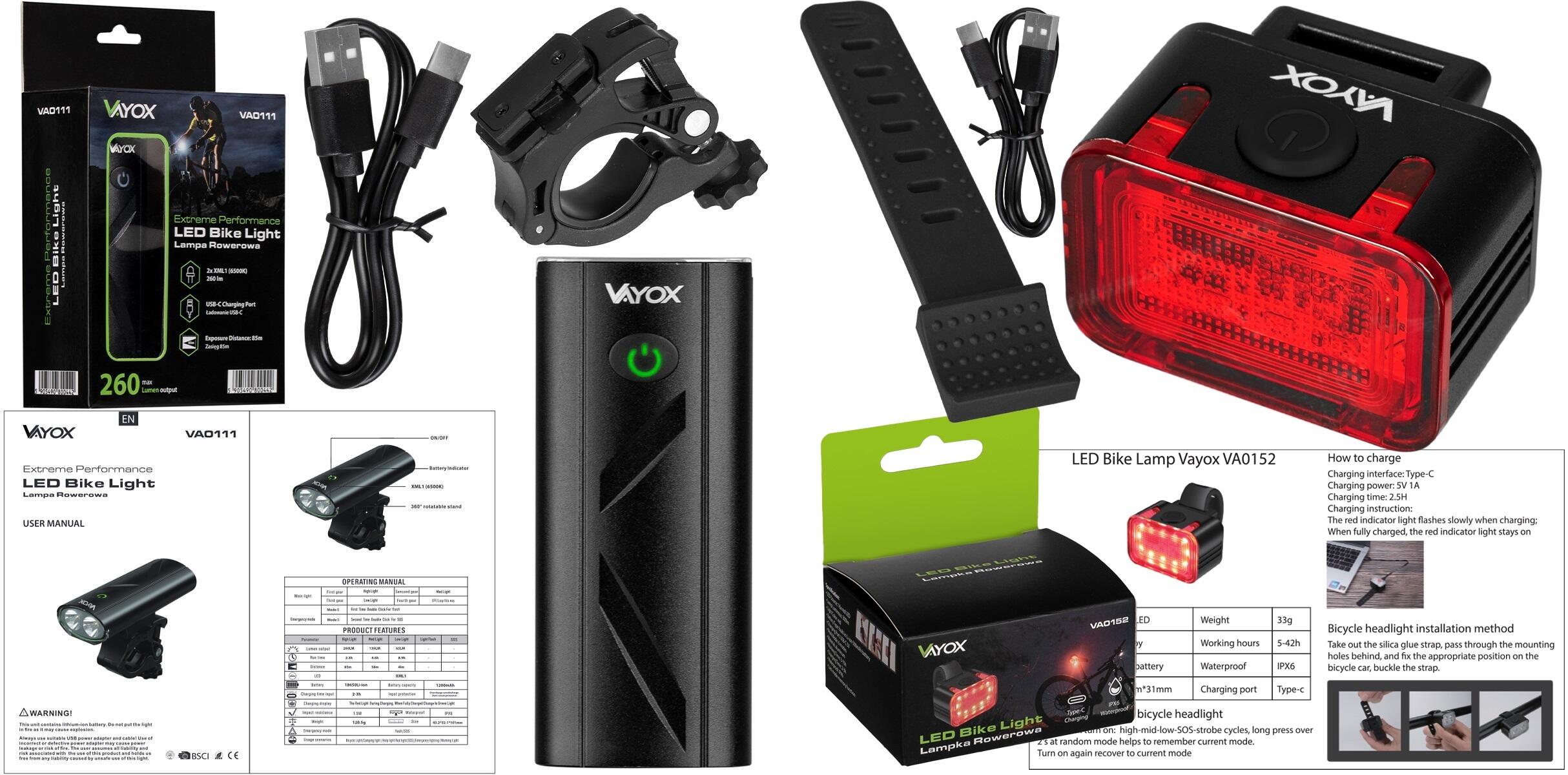 Zestaw lampek rowerowych VAYOX VA0111 + VA0152 przednia i tylna USB-C 7/7