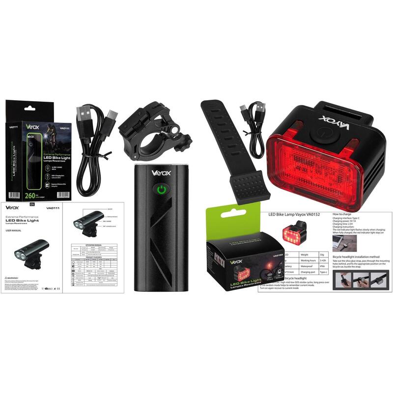 Set de lumini de bicicletă VAYOX VA0111 + VA0152 față și spate USB-C