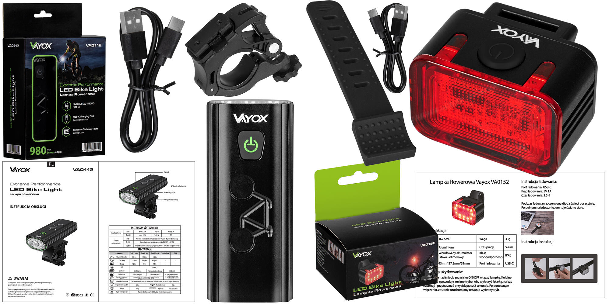 Zestaw lampek rowerowych VAYOX VA0112 + VA0152 przednia i tylna USB-C 7/8