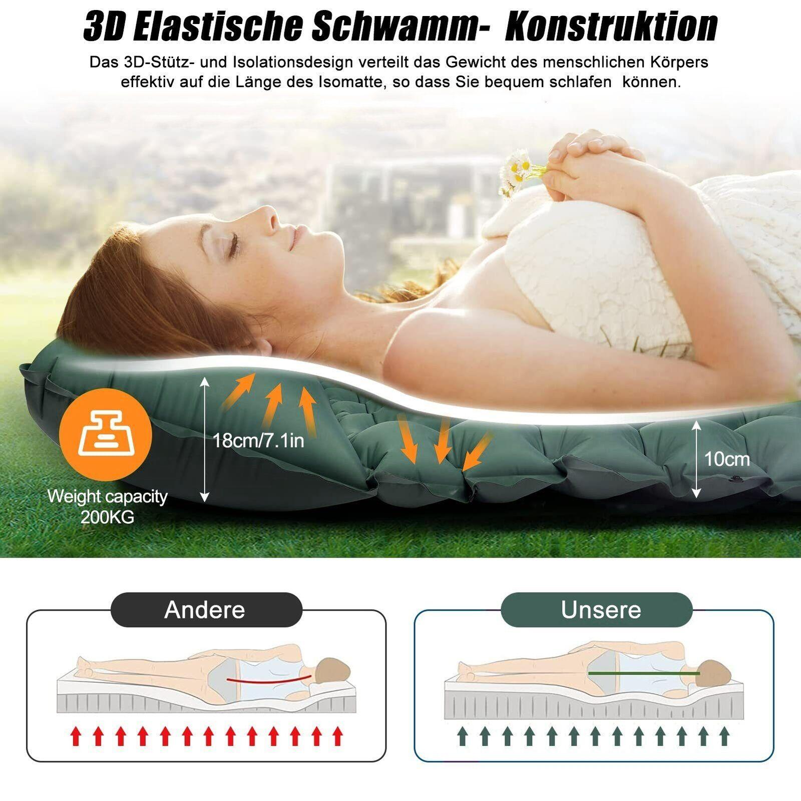 Isomatte 195 cm x 65 cm 10 cm Dick mit Kopfkissen und Fußpumpe. Luftmatratze 3/6