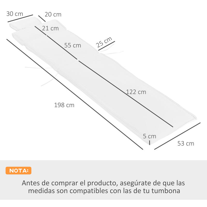 Cojín para Tumbona de Exterior Outsunny 198x53x5 cm Crema