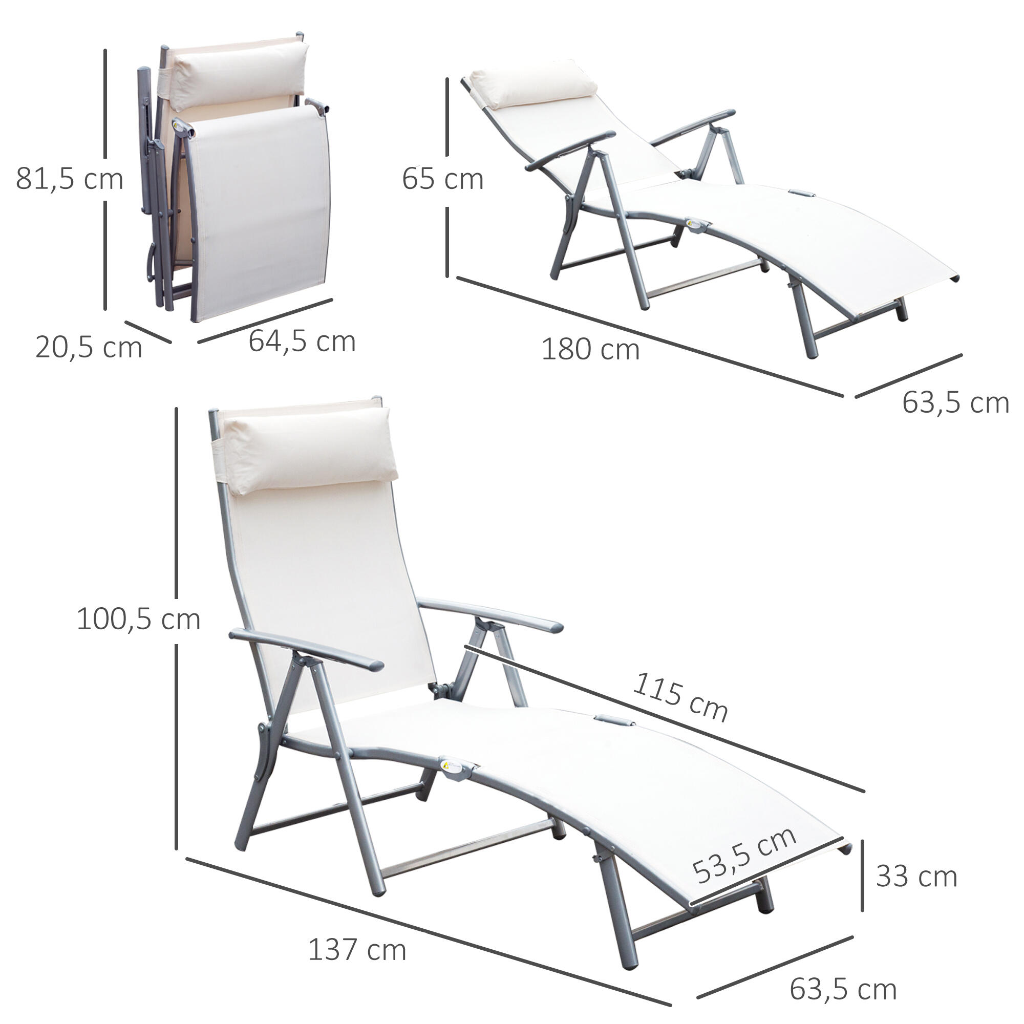 Tumbona Plegable Outsunny 137x63,5x100,5 cm Beige 3/7