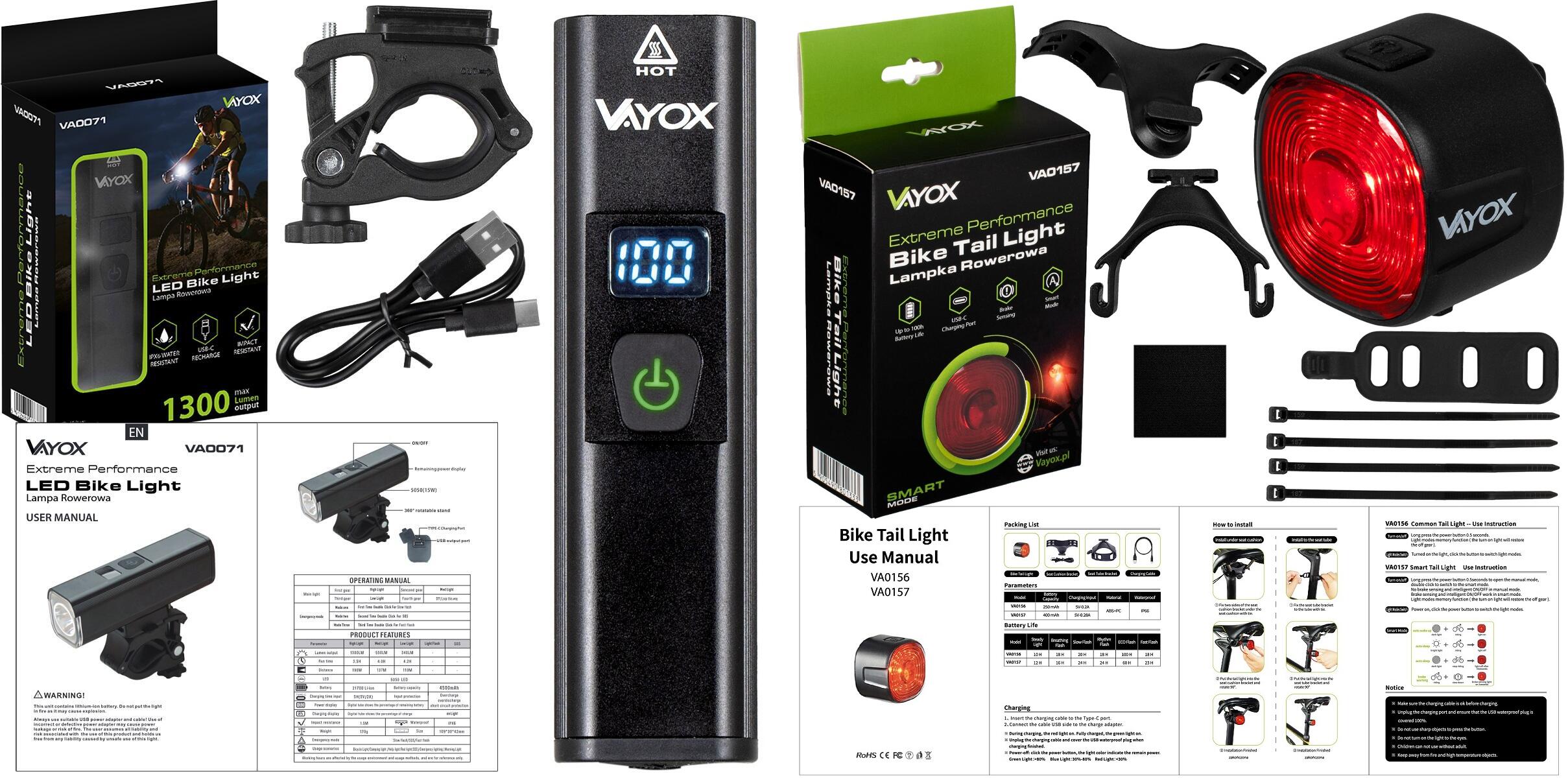 Set di luci per bici VAYOX VA0071 + VA0156 anteriore e posteriore USB-C 7/8