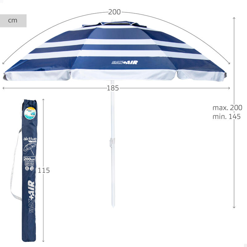 Aktive Pack 2 sillas playa plegables azules + sombrilla 200 cm a rayas