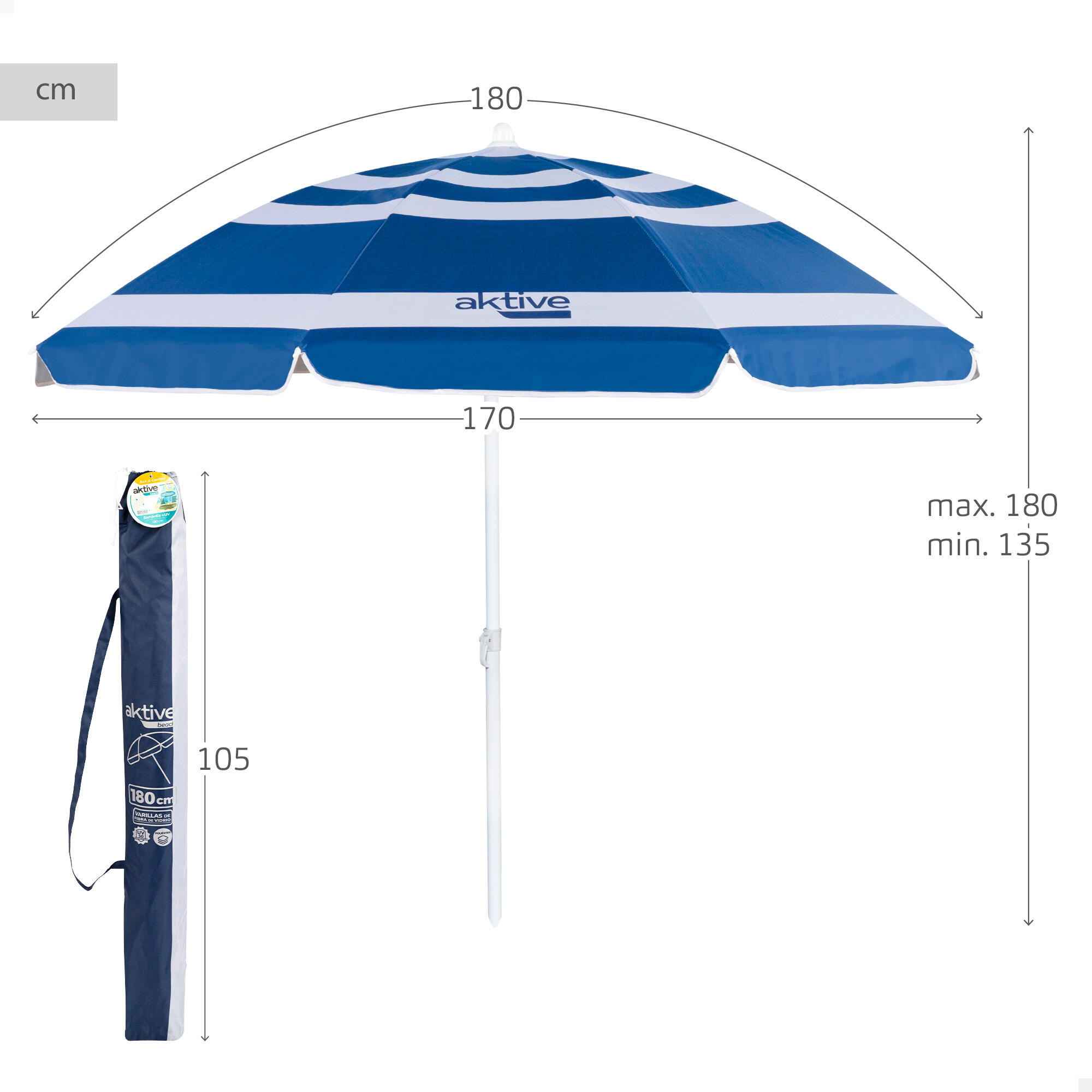 Sombrilla playa Ø180 cm c/mástil inclinable y protección UV50 Aktive 3/6