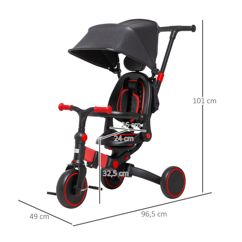3 en 1 Triciclo para bebé carga 25 kg AIYAPLAY 96,5x49x101 cm rojo