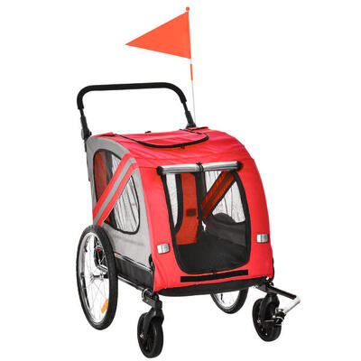 PawHut Rimorchio per Cani e Carrello 2 in 1 con Ruote girevoli e Bandiera Rossa