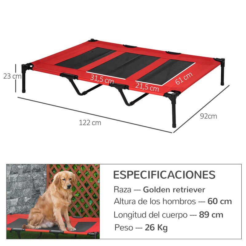 PawHut Cama Elevada para Perros  Portátil Cama para Mascotas 122x92x23 cm Rojo