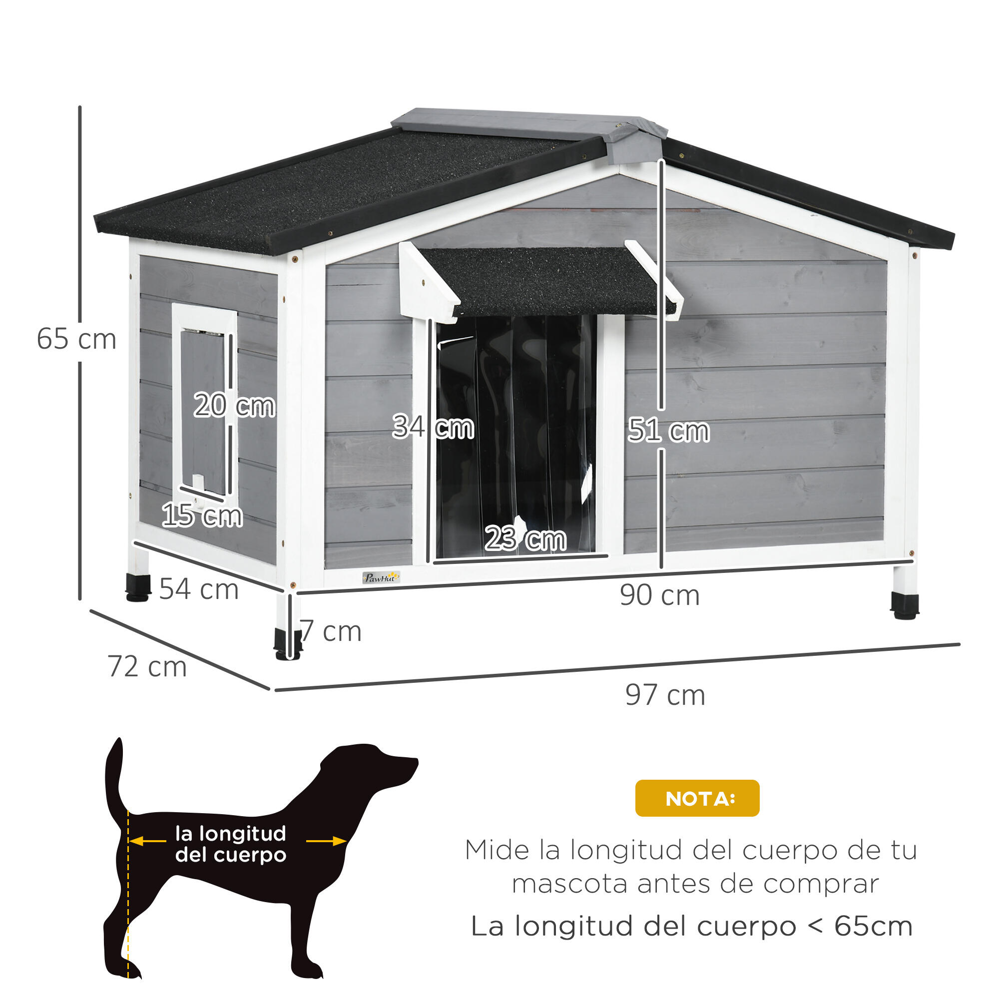 Caseta para perros de madera techo asfáltico PawHut 97x72x65 cm gris 3/7