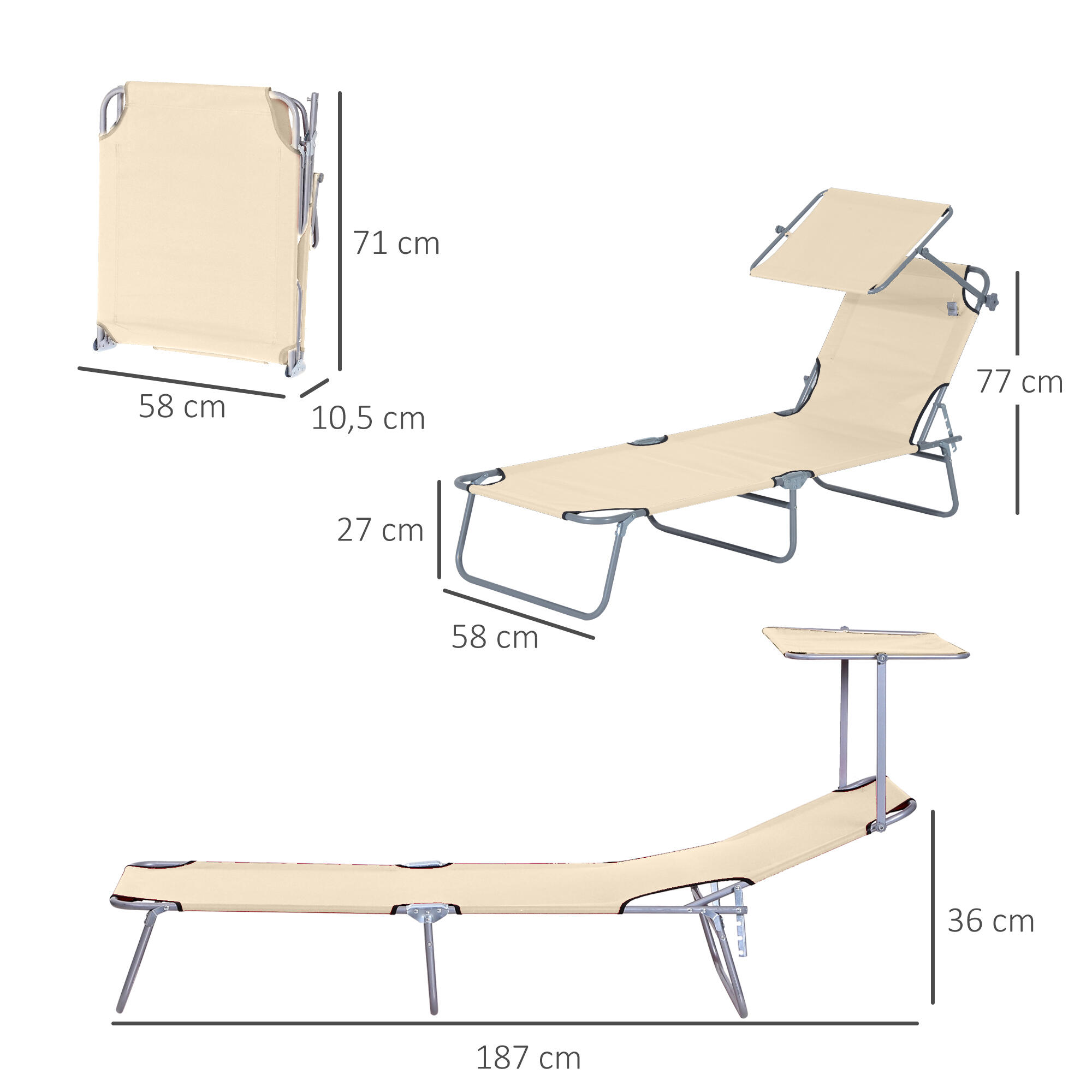 Tumbonas Plegables Outsunny 187x58x36 cm Beige 3/7