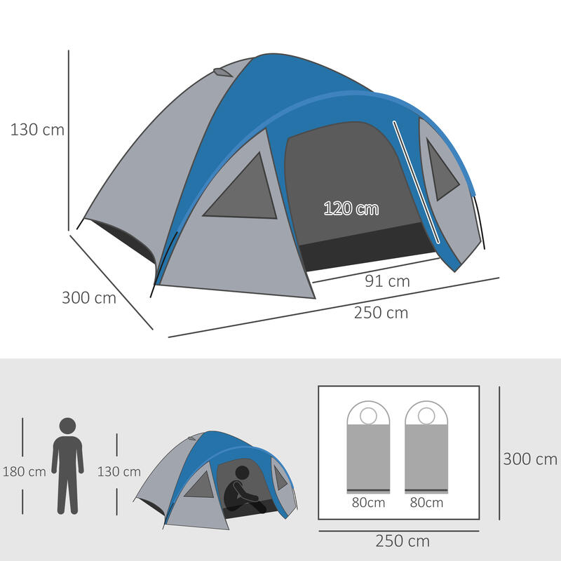 Outsunny Tenda da Campeggio 2 Posti con Tasche e Gancio, 3x2.50x1.30 m, Blu