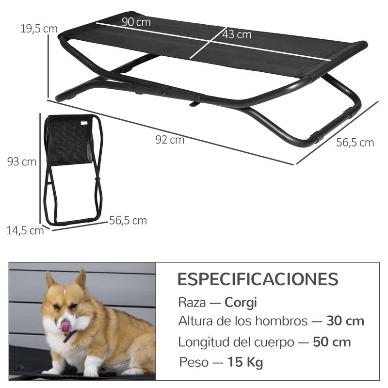 PawHut Cama Elevada para Perros Plegable 92x56,5x19,5 cm Negro