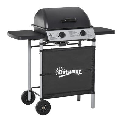 Outsunny Barbecue a Gas in Acciaio 2 Fuochi da 2.8kW con Coperchio Mensole Ruote