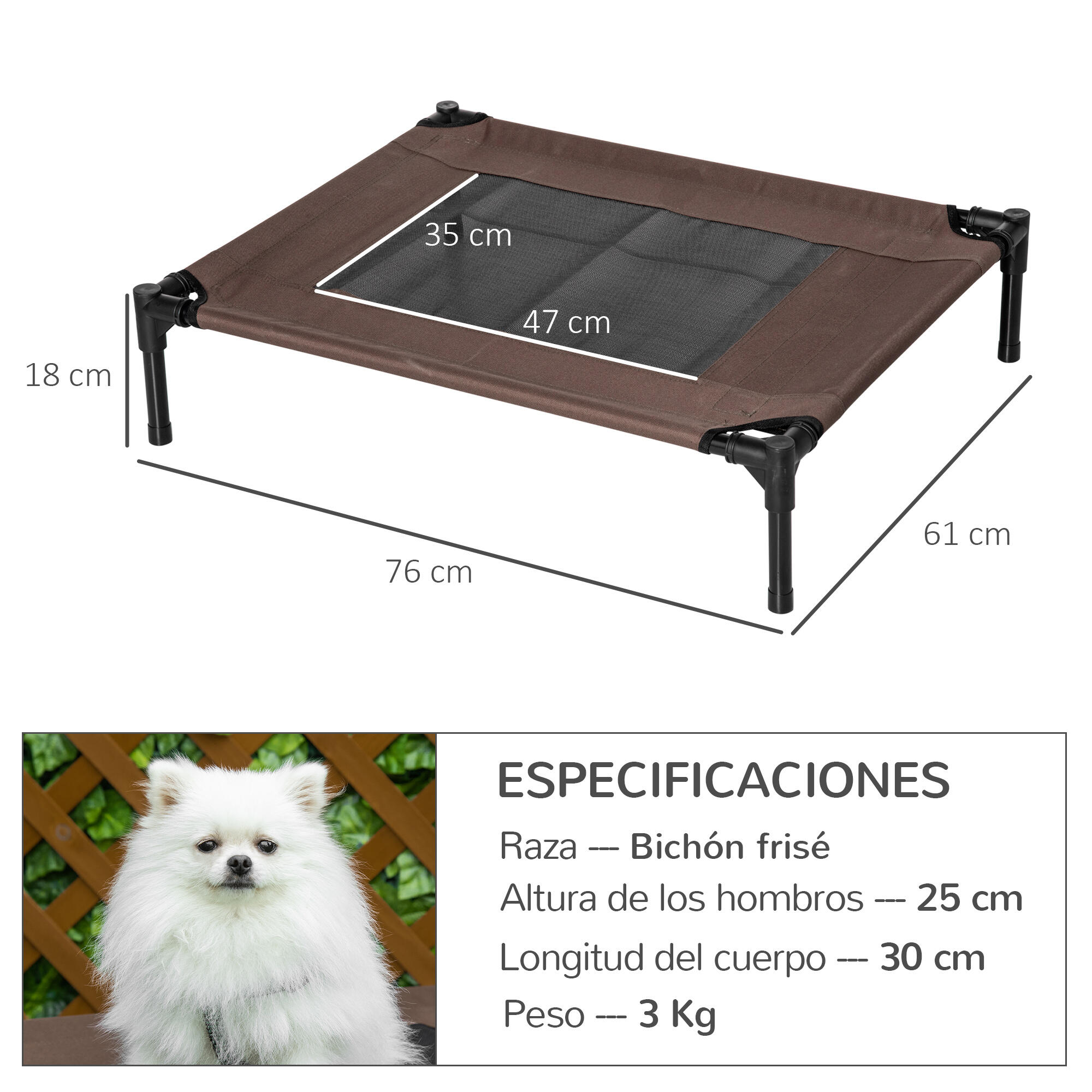 Cama Elevada para Perros PawHut 76x61x18 cm Marrón 3/6