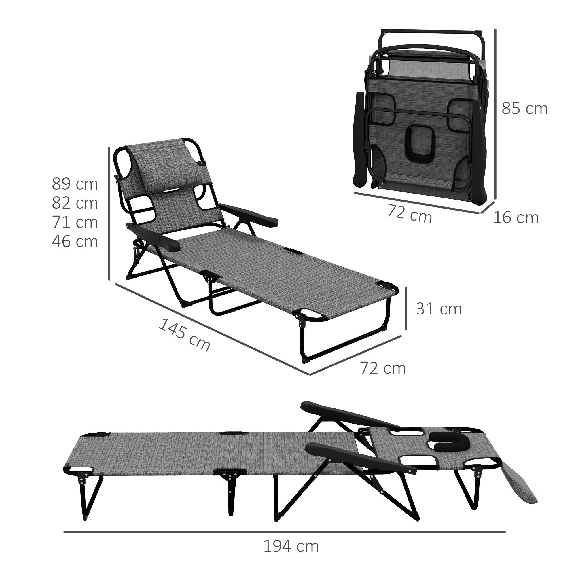 Tumbonas Plegables Outsunny 194x72x31 cm Gris 3/7