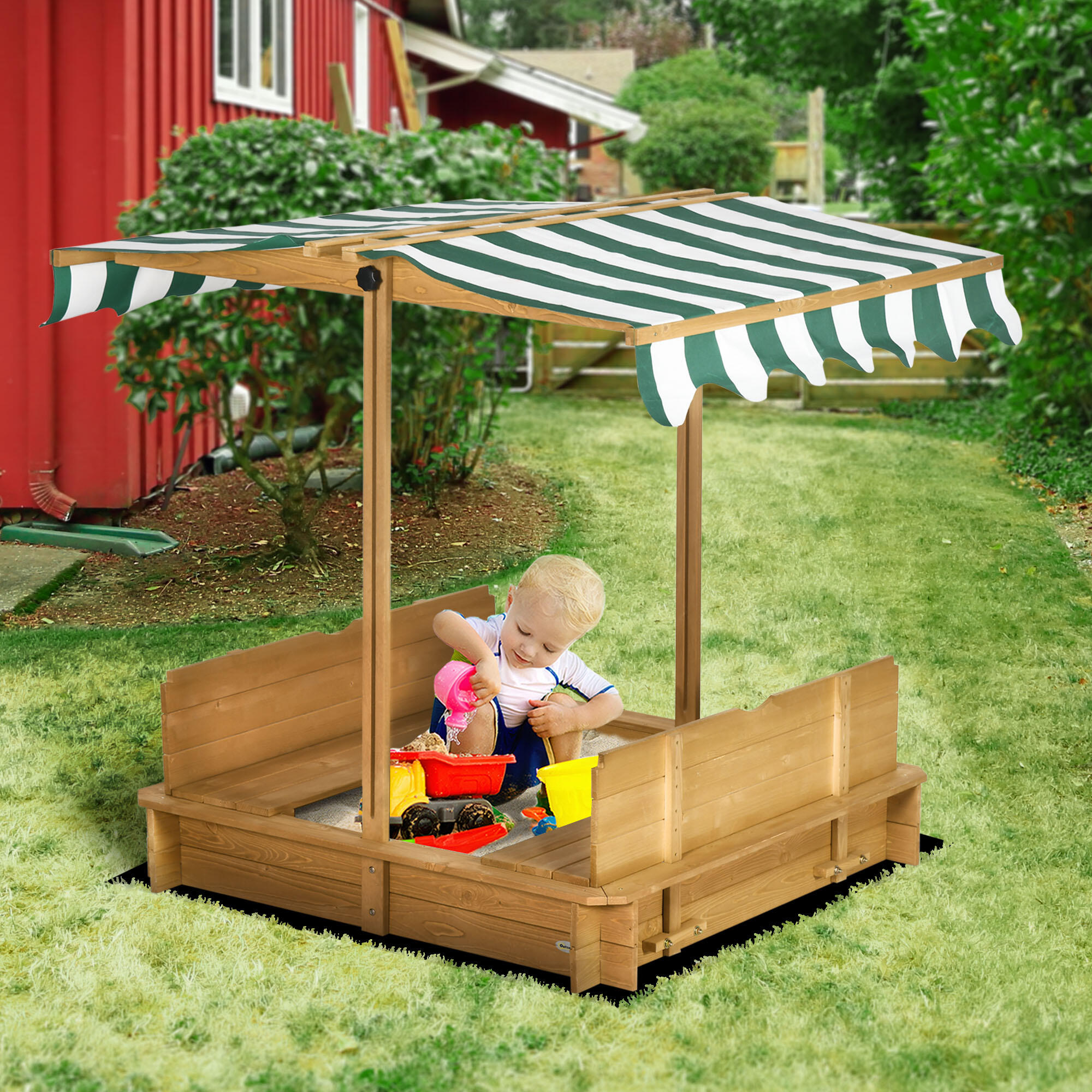 Caixa de areia para crianças natural, verde e branco Outsunny 2/7