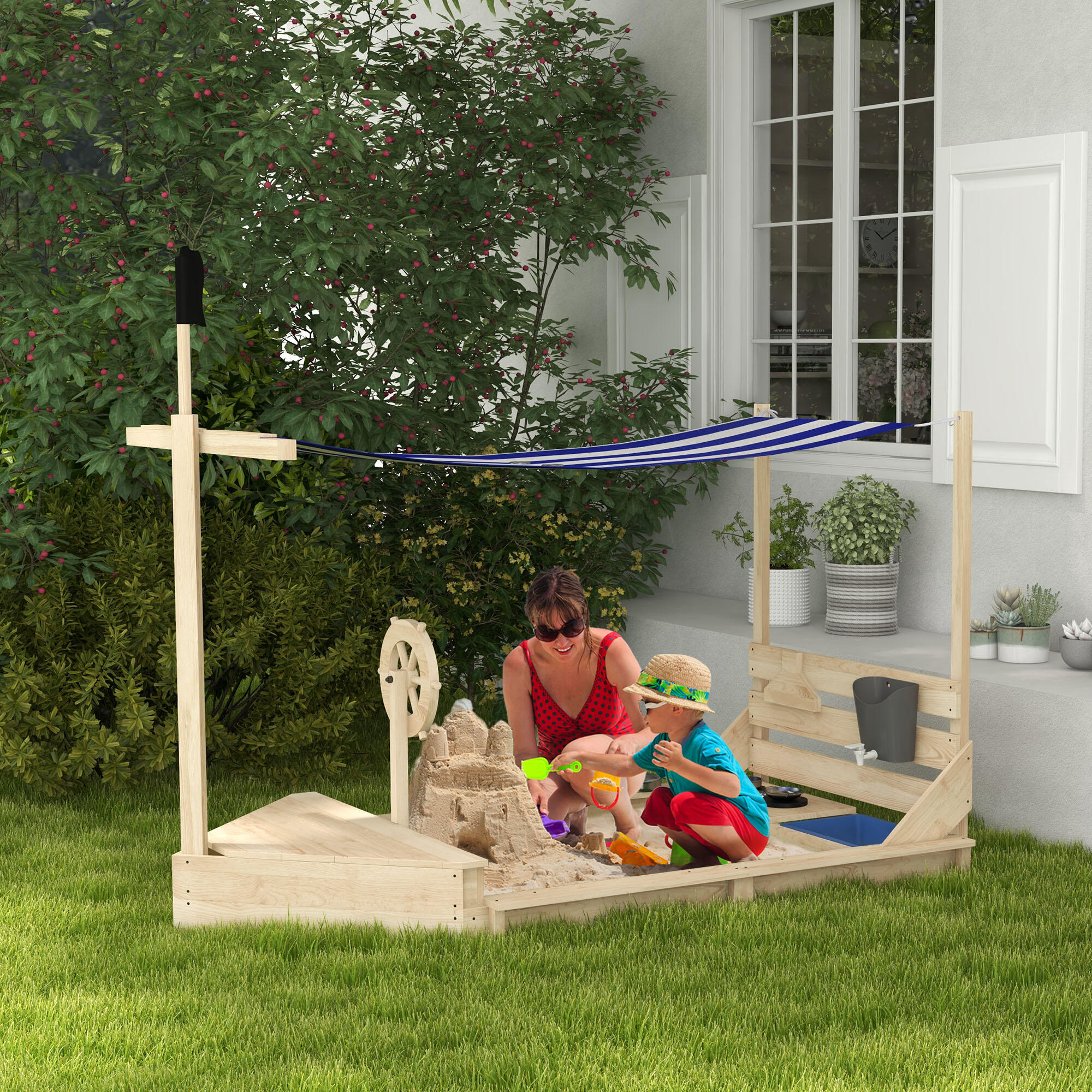 Outsunny Sabbiera per Bambini 3-7 Anni con Tettuccio e Set da Cucina Giocattolo 2/7