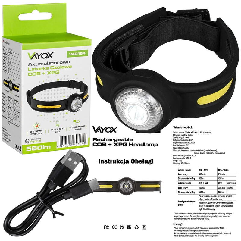 Vayox hoofdlamp VA0154 550lm, oplaadbaar, siliconen, USB-C