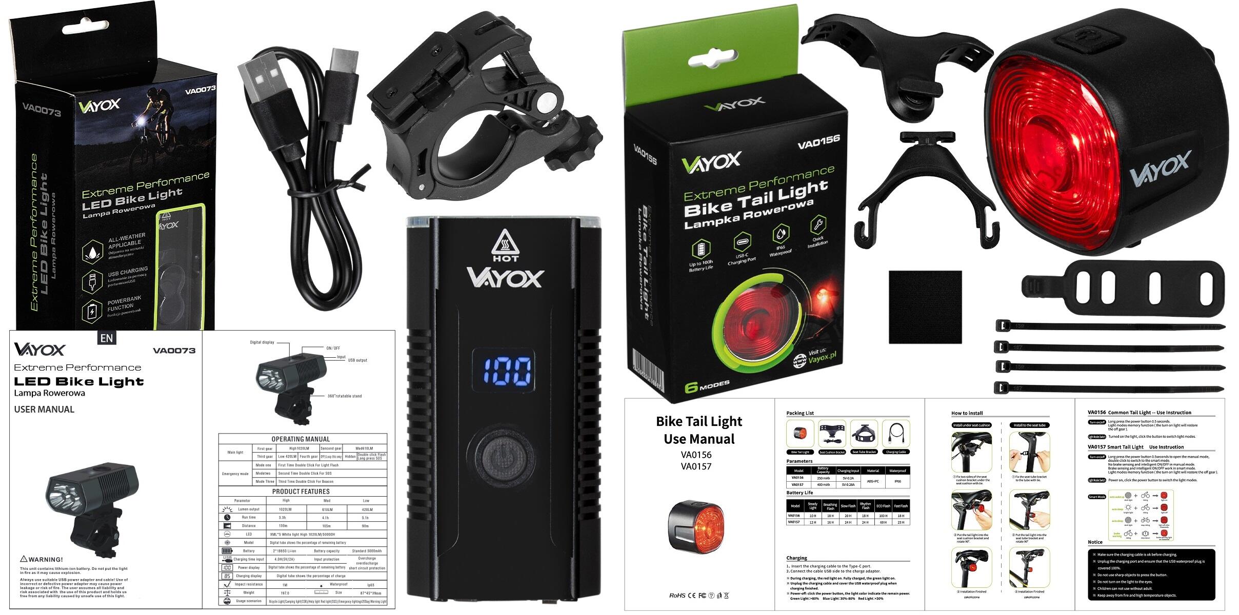 Set di luci per bici VAYOX VA0073 + VA0156 anteriore e posteriore POWERBANK 7/7