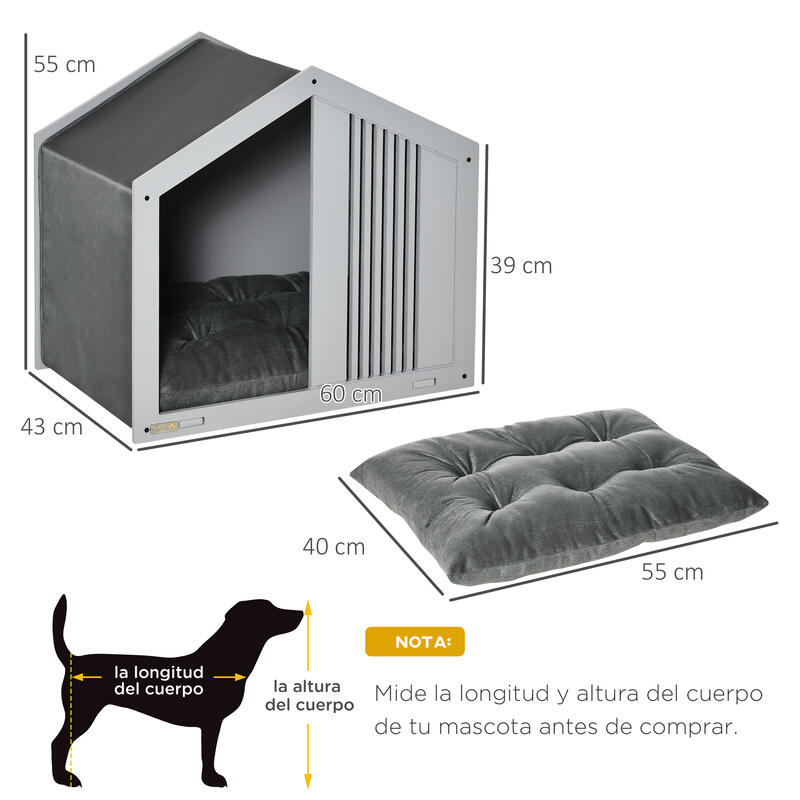 PawHut Caseta de Madera para Perros  60x43x55 cm Gris