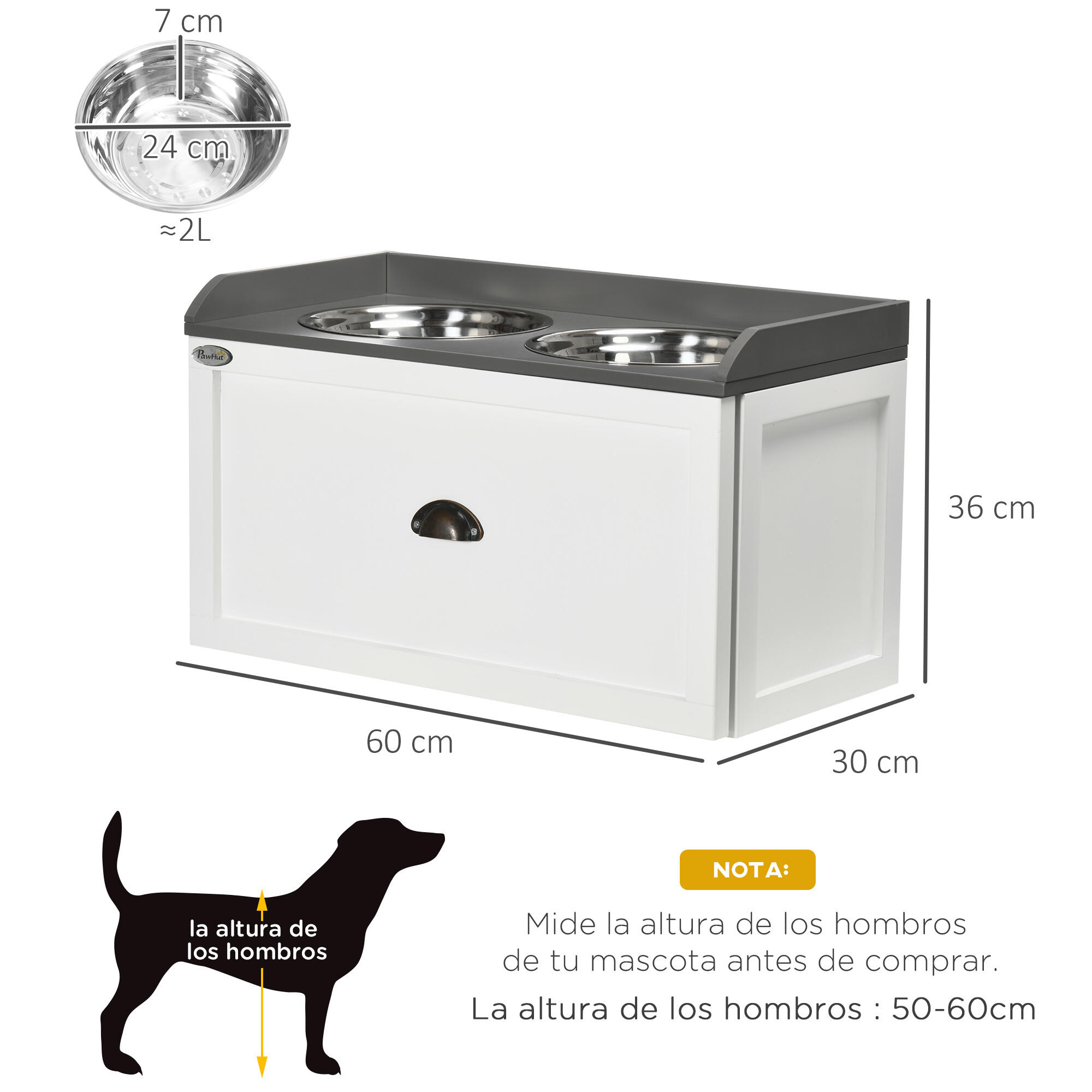 Comedero elevado para perros con 2 tazones PawHut 60x30x36 cm blanco 3/7