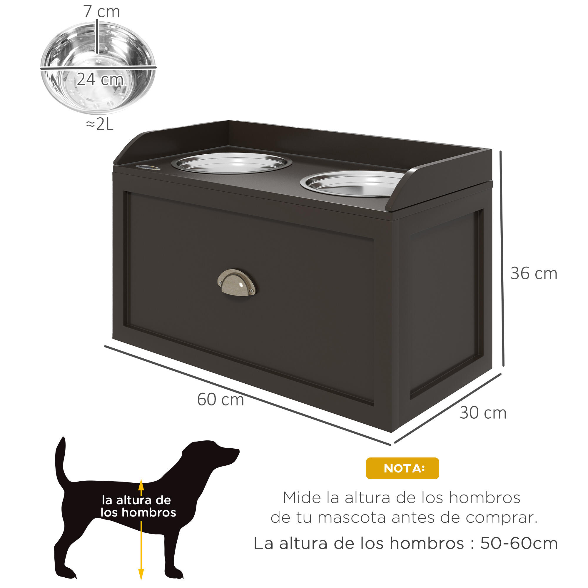 Comedouro elevado PawHut 60x30x36cm marrom escuro 3/7