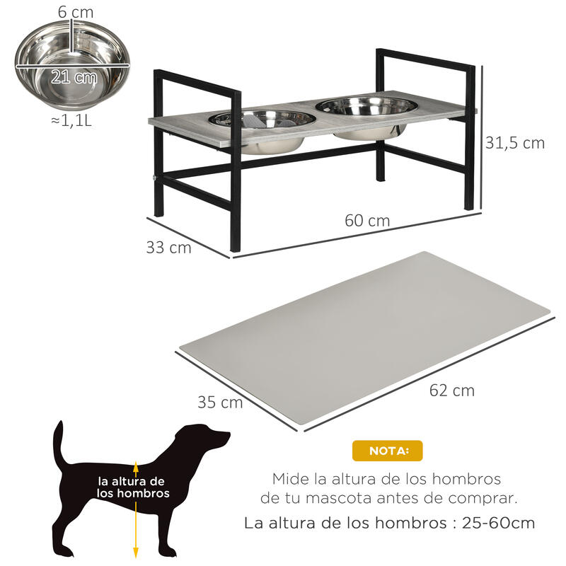 Comedero para perros altura ajustable PawHut 60x33x31,5 cm gris