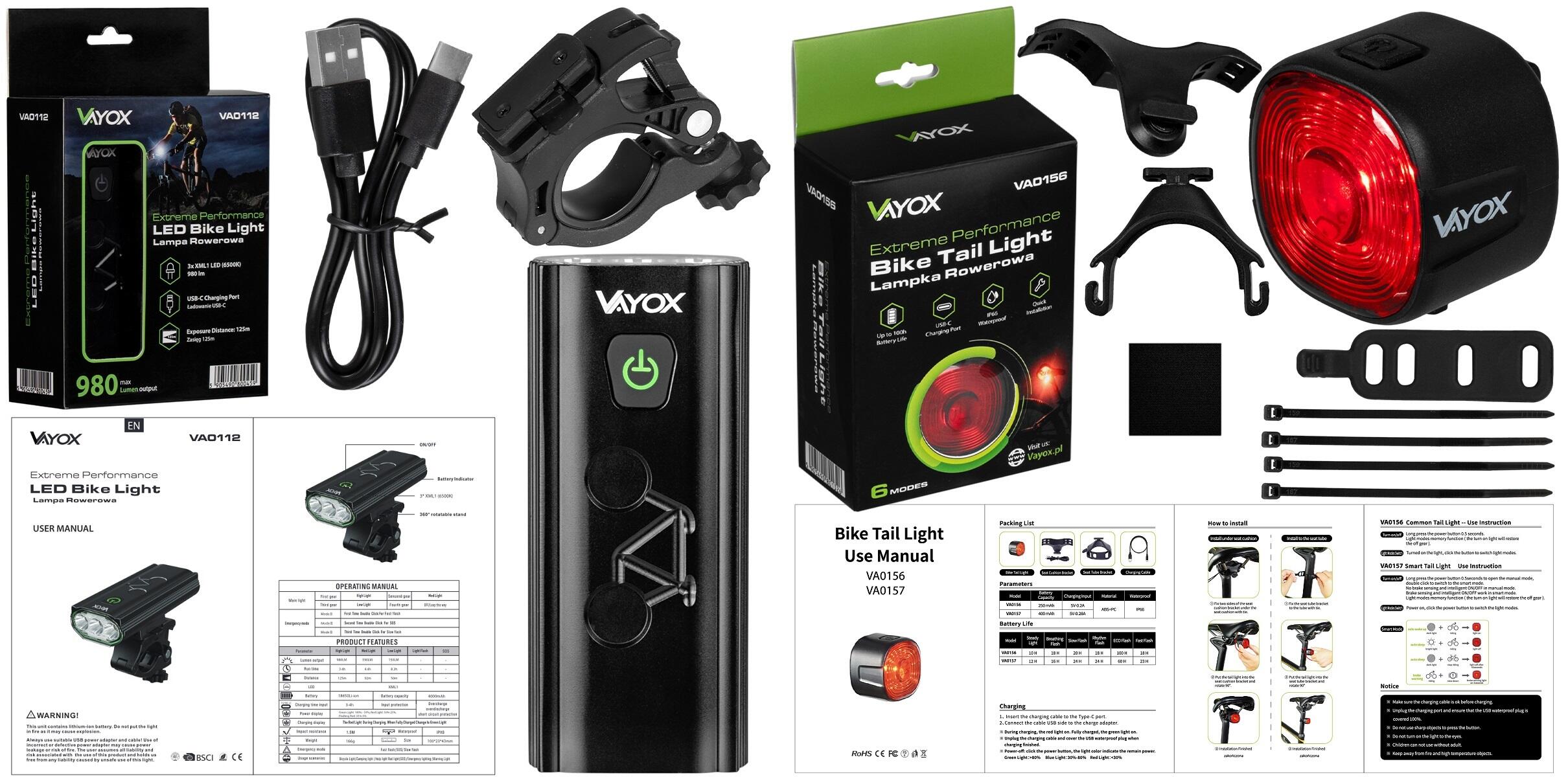 Zestaw lampek rowerowych VAYOX VA0112 + VA0156 przednia i tylna USB-C 7/8