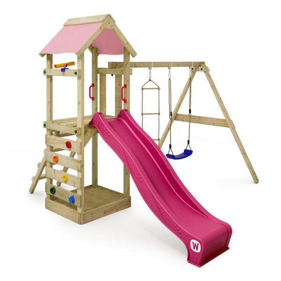 Aire de jeux Portique bois FreeFlyer avec balançoire rose pastel