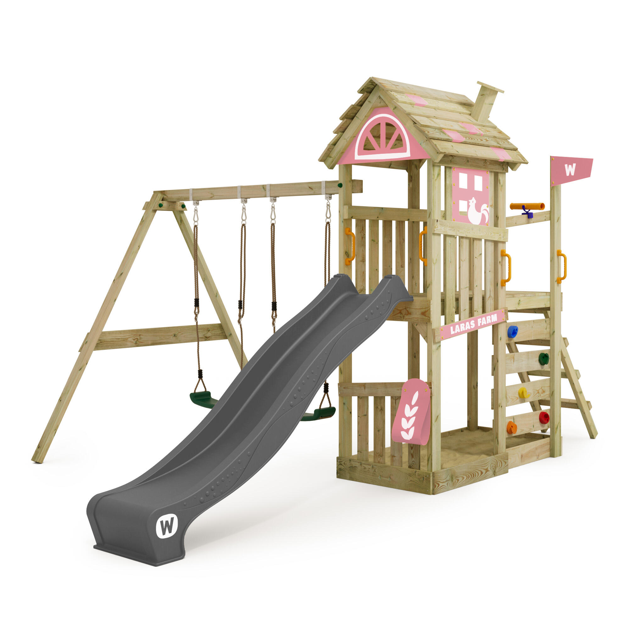 WICKEY Aire de Jeux StormFlyer portique en Bois avec balançoire et Toboggan rouge, Tour d'escalade pour Enfants avec bac à Sable, échelle et Accessoires de Jeu pour Le Jardin