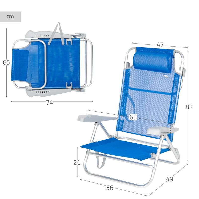 Aktive Cadeira de praia dobrável e reclinável 7 posições azul c/almofada e alças