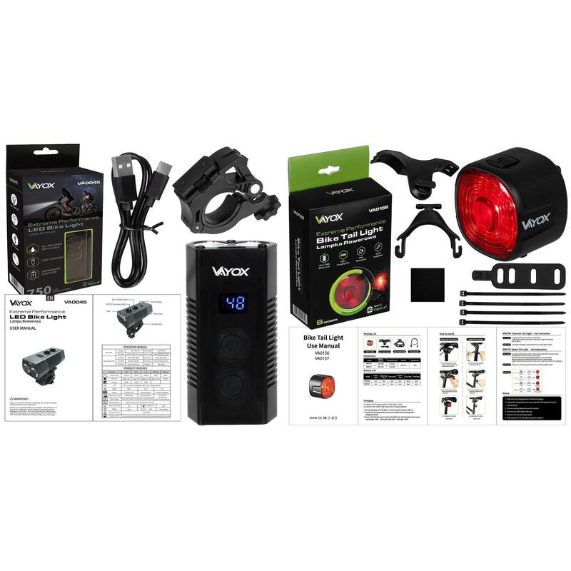 Set de lumini de bicicletă VAYOX VA0045 + VA0156 față și spate POWERBANK