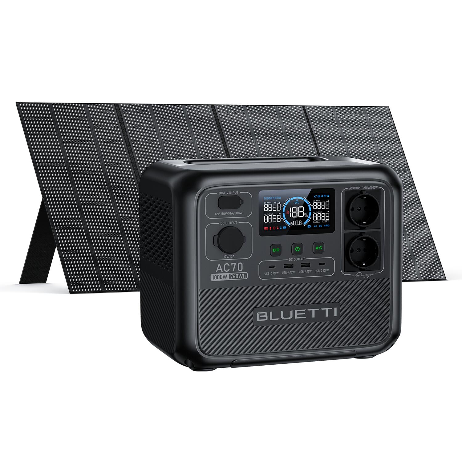 BLUETTI BLUETTI AC70+PV350 Kit generador solar, 768Wh/1000W LiFePO4 Batería para camping