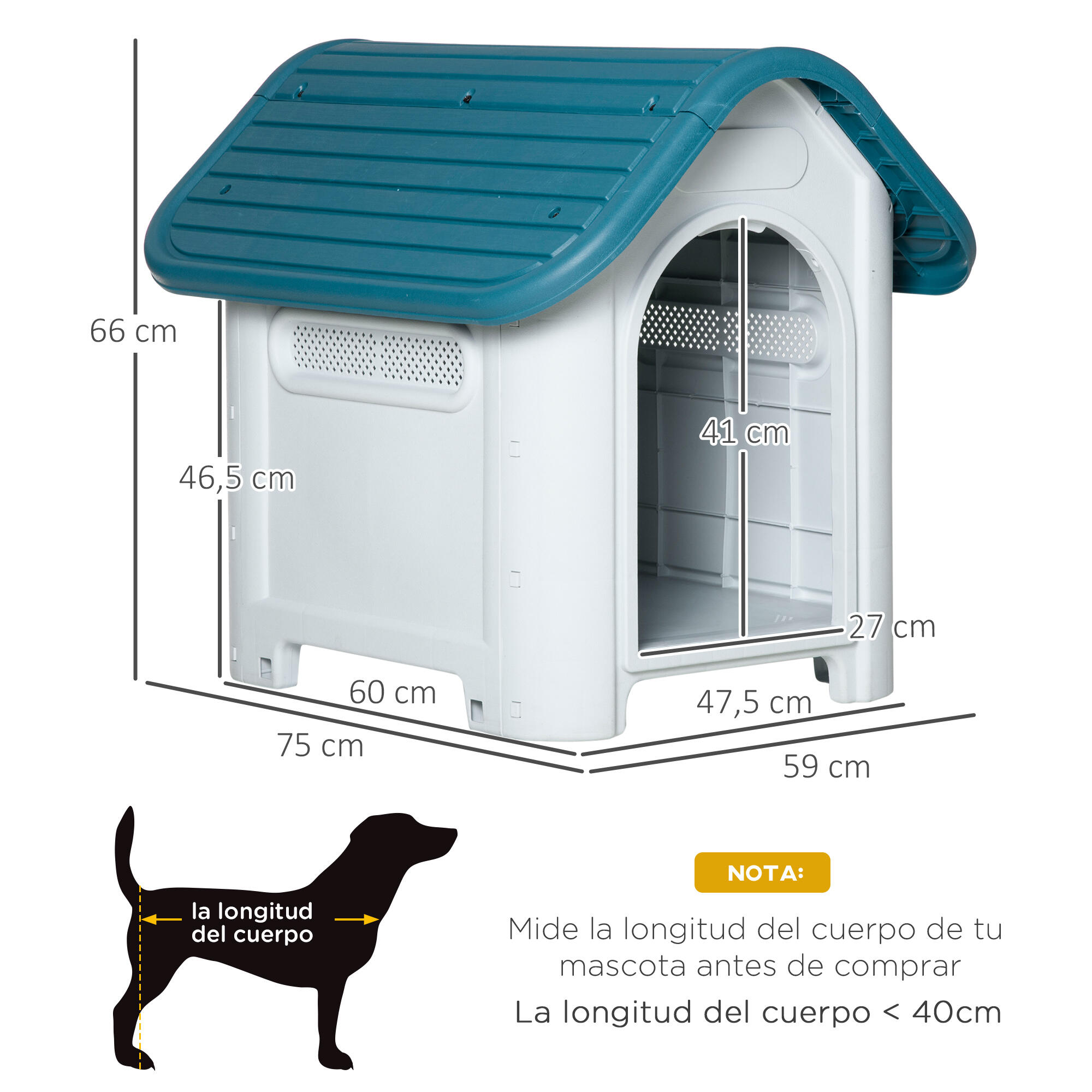 Caseta para Perros PawHut 59x75x66 cm Azul y Gris 3/7