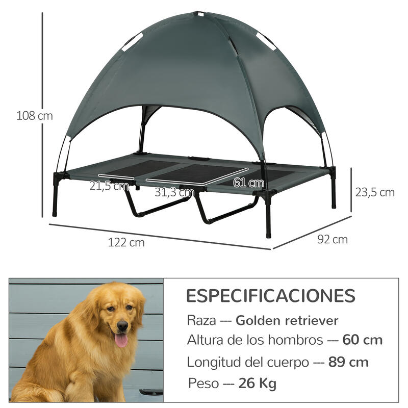 PawHut Cama Elevada para Mascotas Portátil con Toldo Extraíble Tela Transpirable