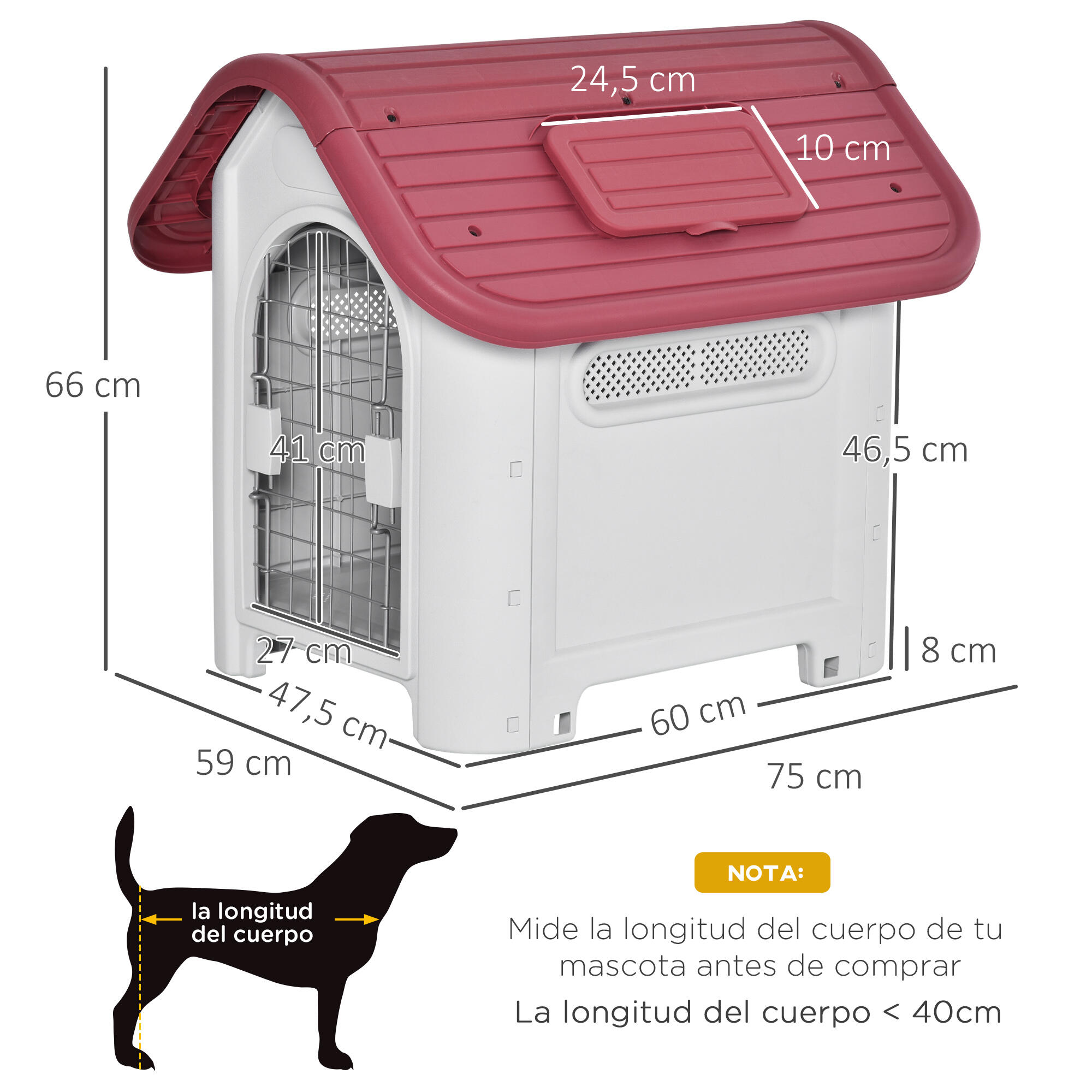 Caseta para Perros PawHut 59x75x66 cm Gris y Rojo 3/7