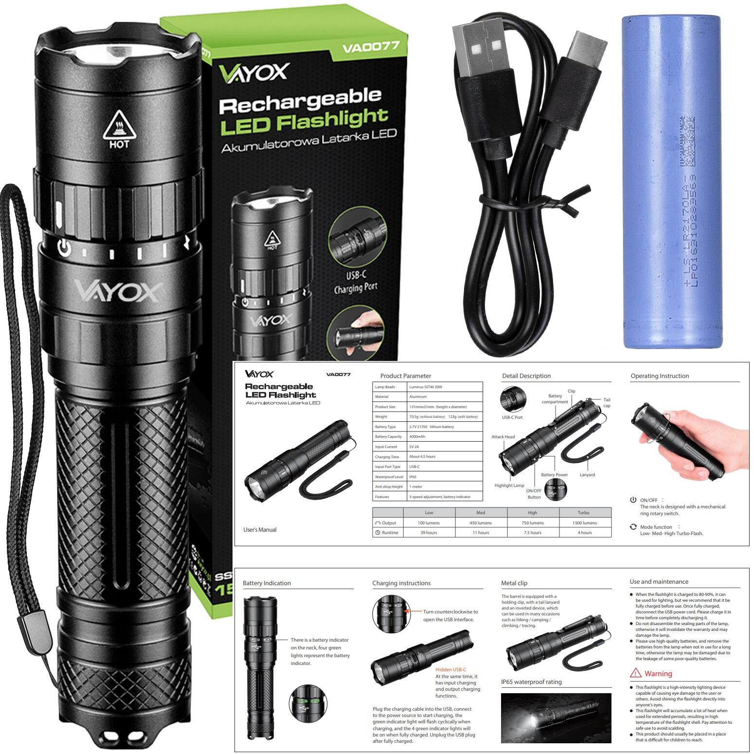 Torcia manuale Vayox VA0077, ricaricabile, 1500 lm 7/8