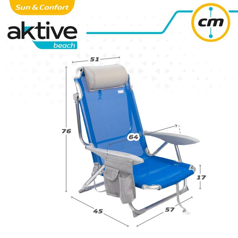 Cadeira de praia de 4 posições com almofada e bases para copos Aktive