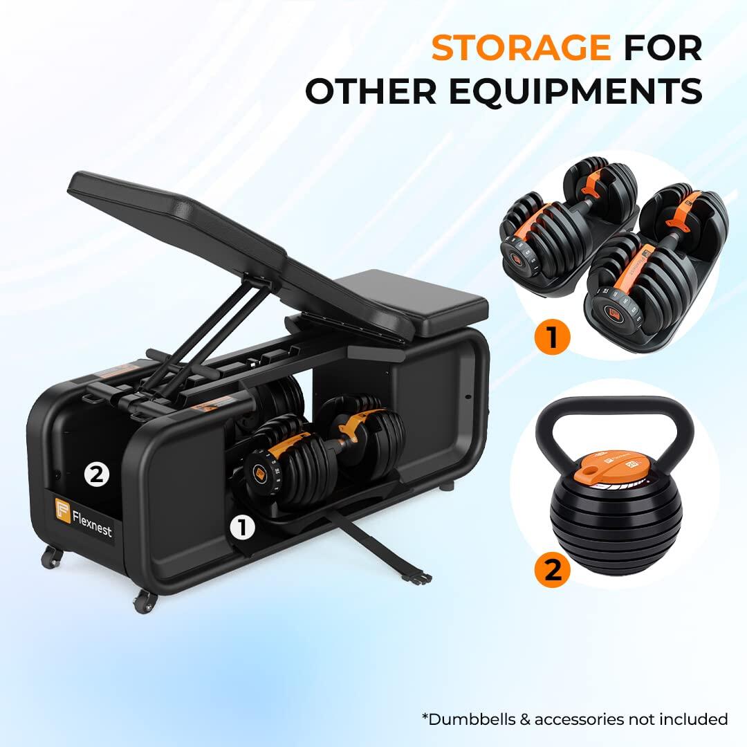 Flexnest Flexbench Pro Incline and Flat Bench with Adjustable Dumbbell Storage & Kettlebell Storage