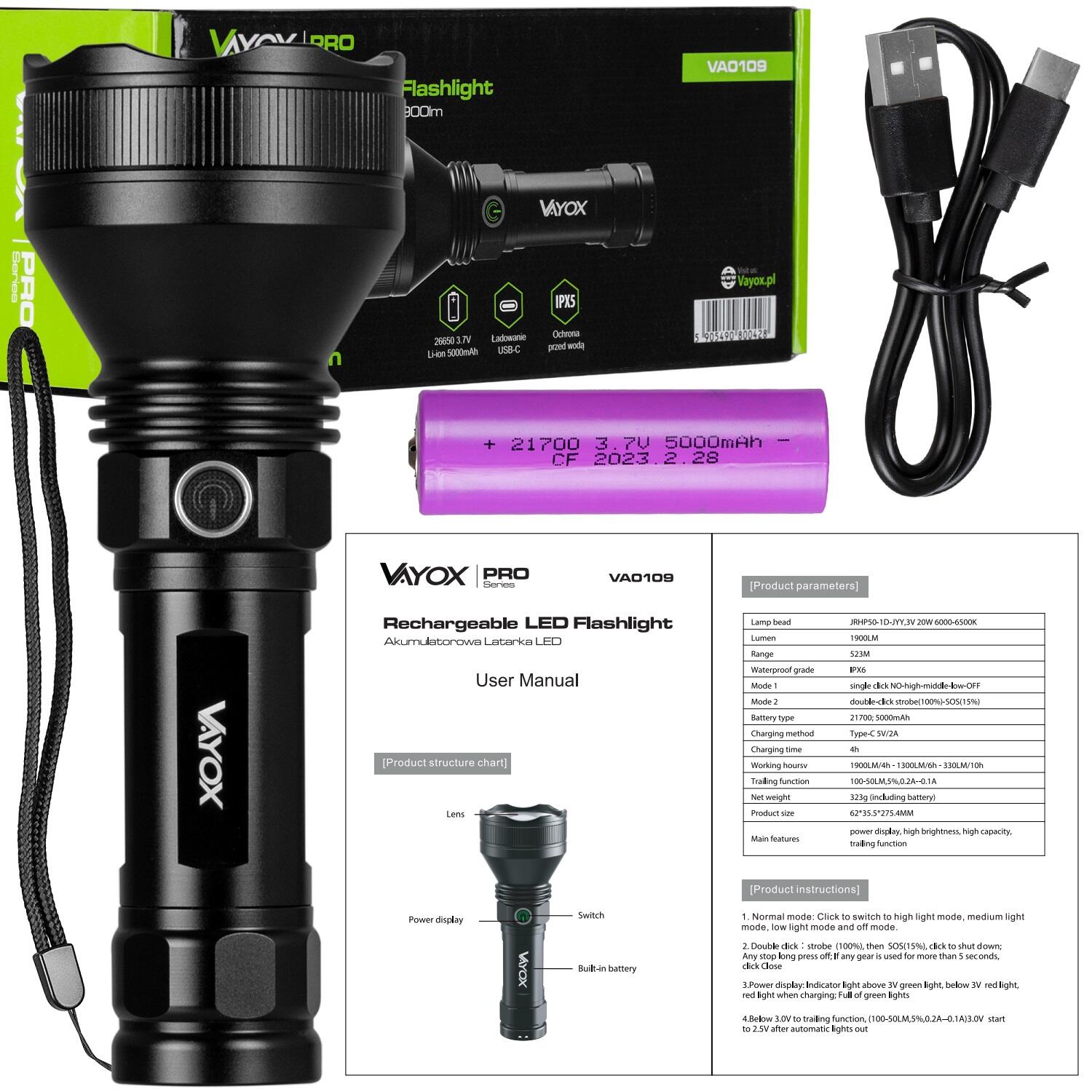 Vayox VA0109 USB-C Zaklamp 6500K 1900lm 7/8