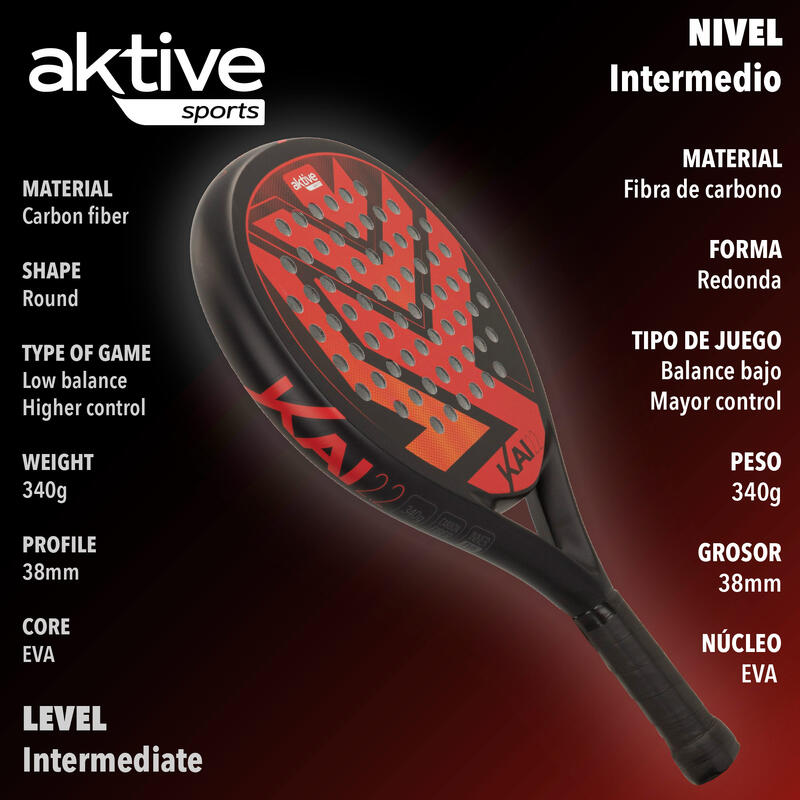 AKTIVE Kai 2.2 Control, Raquette de padel défensive. 38mm, 340 gr, Rouge