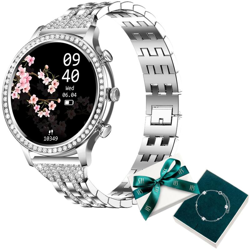 Smartwatch damski zegarek Manta Diamond Lusso srebrny z bransoletką YES