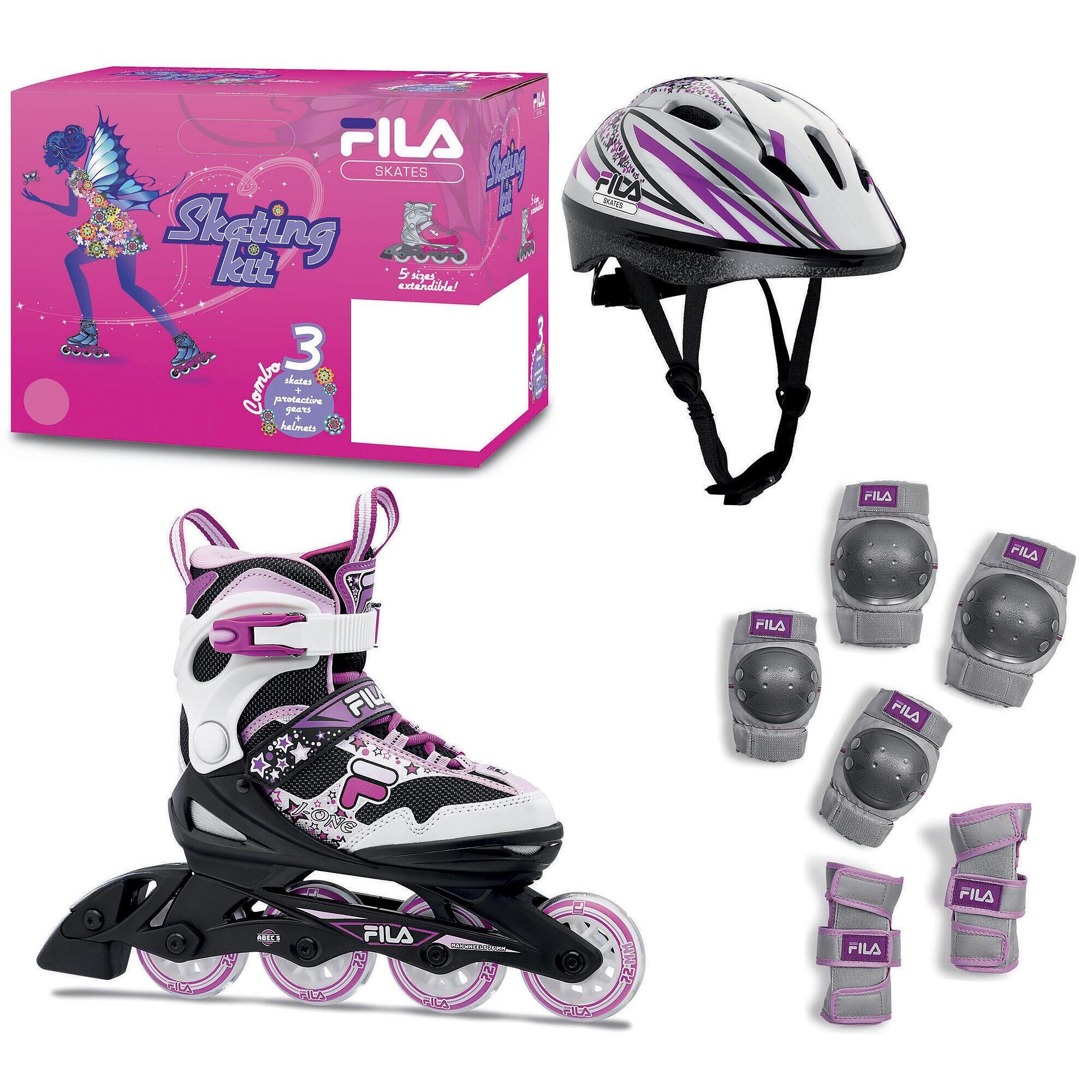 Fila Skates - Pack Fila Jr J-one Girl Noir/blanc/magenta T28-32 + Tripack + Casque - Rollers En Ligne - Noir|rose - Decathlon