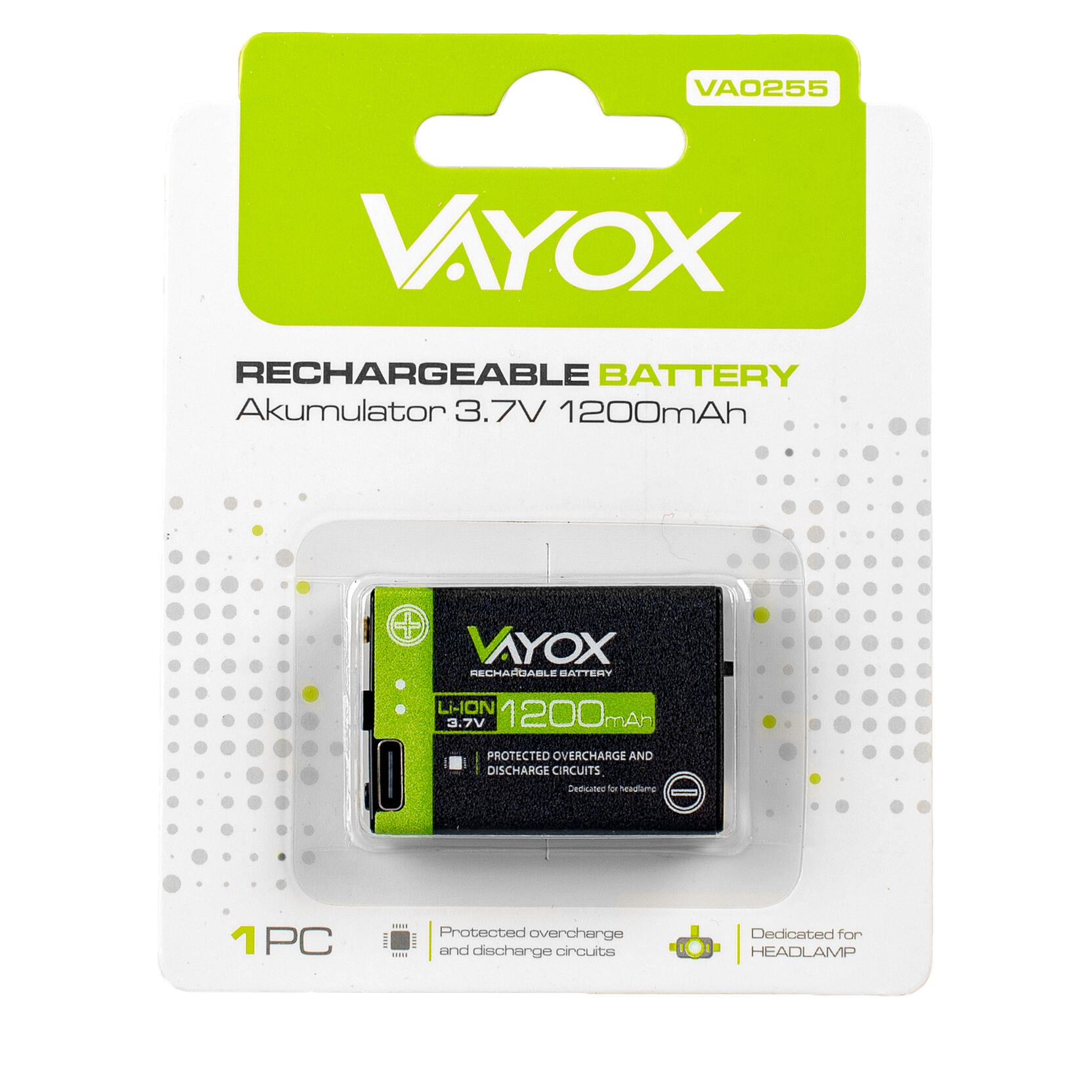 Batterij voor Vayox hoofdlampen VA0255 Li-Ion 1200mAh 3,7V 7/7