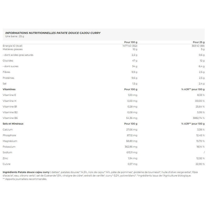 Pack X20 Barres nutritionnelles Patate Douce-Cajou-Curry
