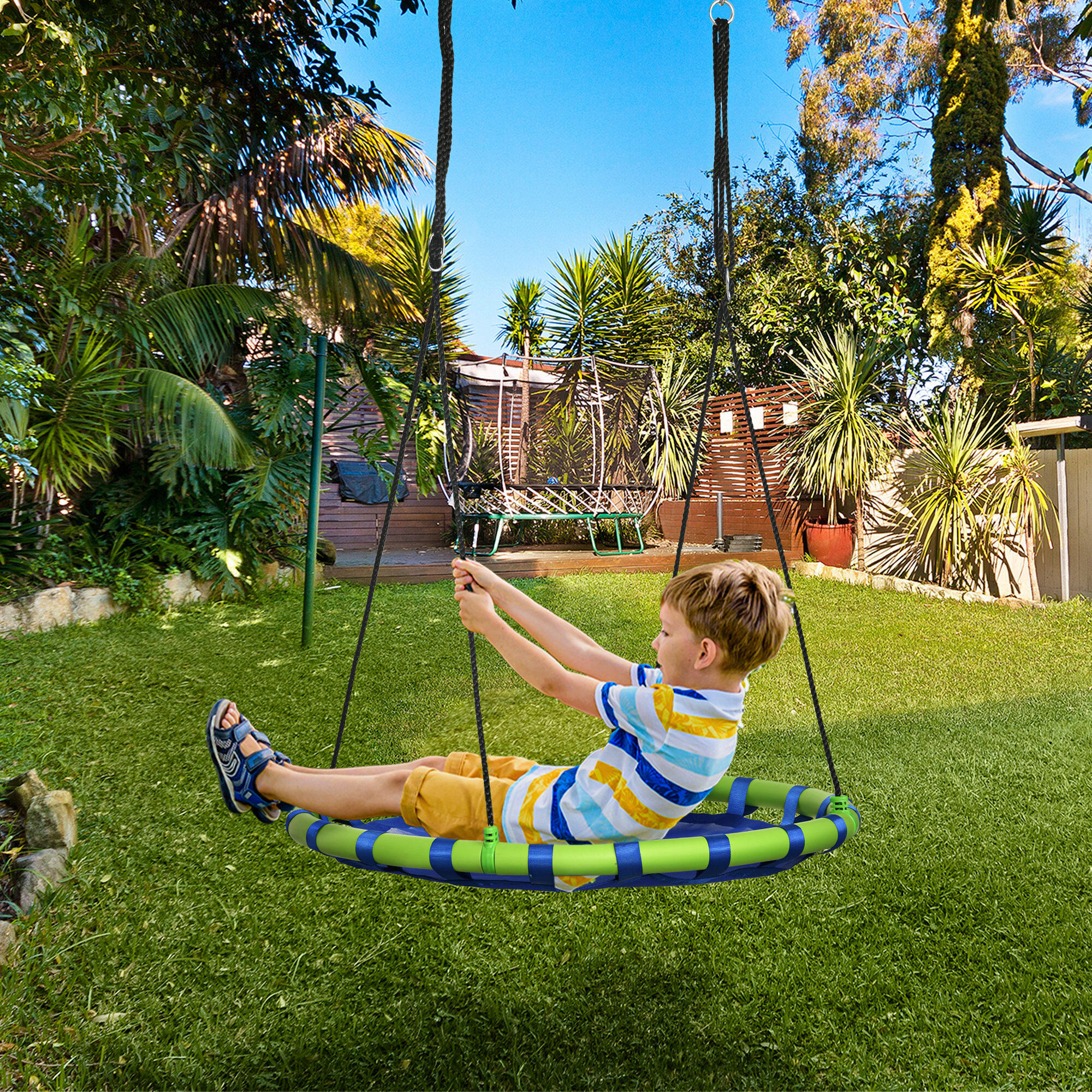 Outsunny Altalena per Bambini da 3-8 Anni da Giardino Ø100cm e Corde Regolabili 2/7