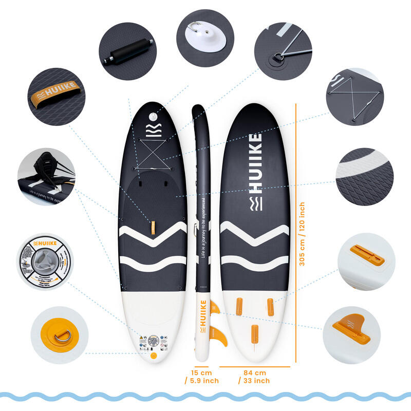 Opblaasbaar Supboard met premium accessoires, HUIIKE, Zwart, Hoge Stabiliteit 2/8