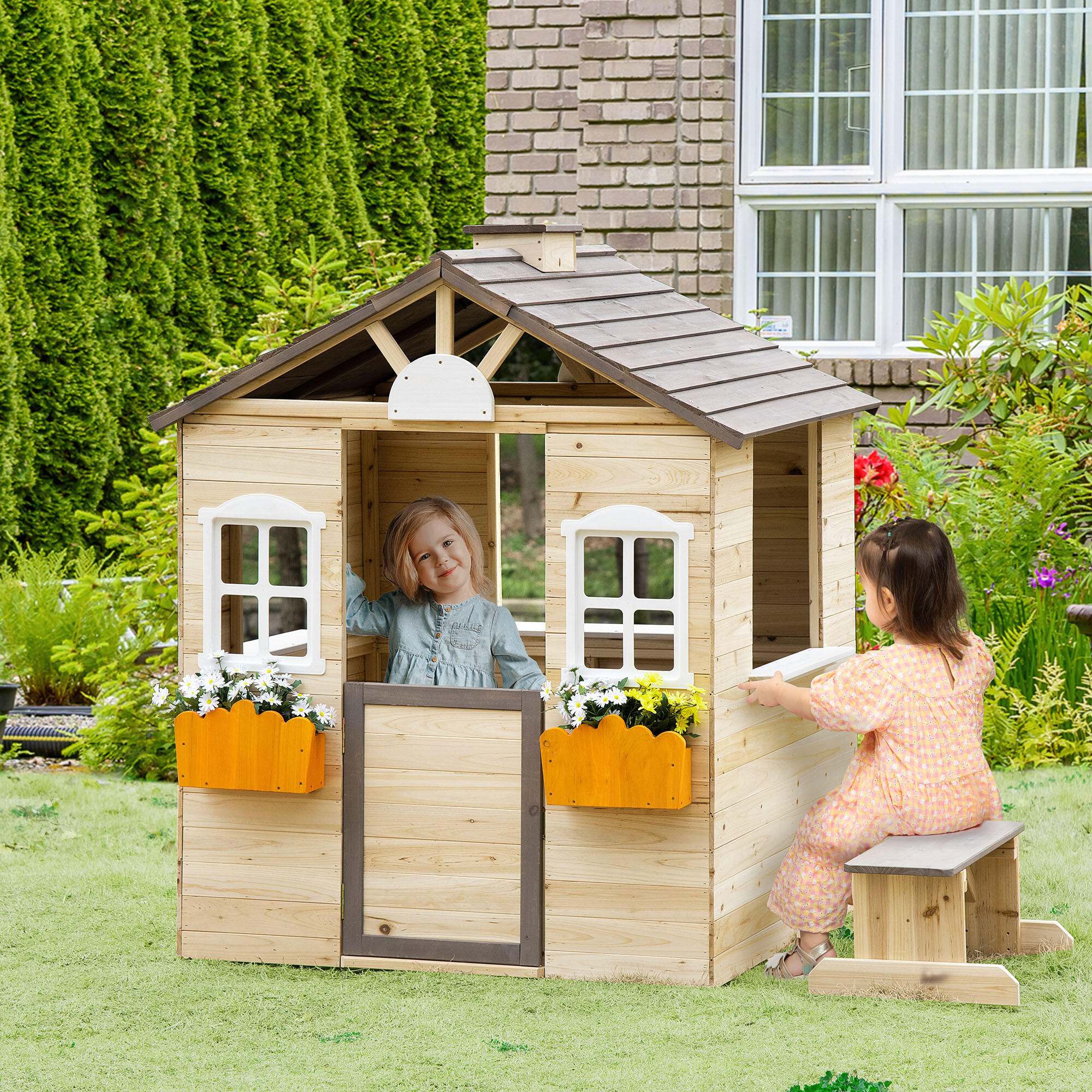 Casa de Juegos Outsunny 113x94x134.5 cm Madera Natural 2/8